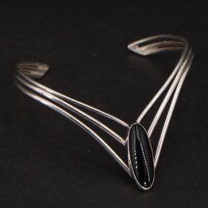 VTG Sterling Silver Black Onyx Cuff Bracelet Southwestern V Shaped
